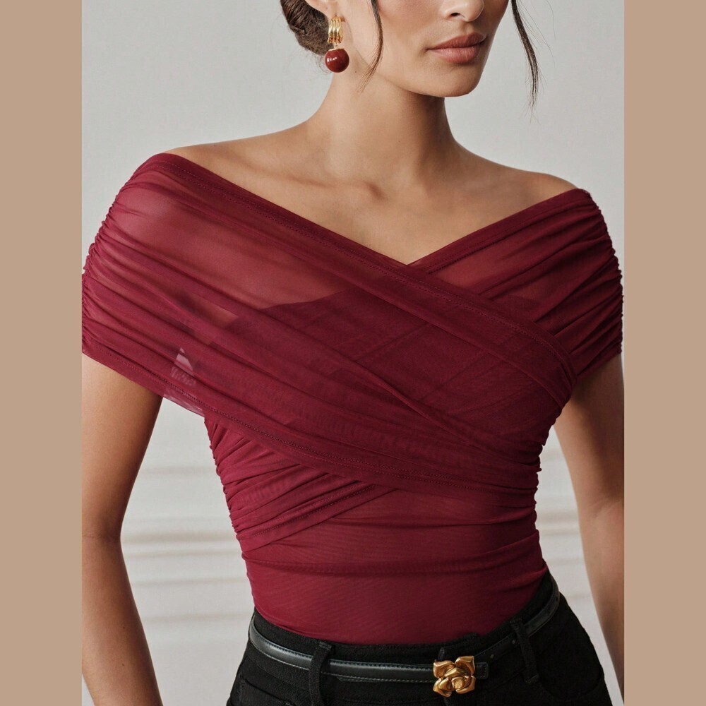 Burgundy Ruched Mesh Off Shoulder Crisscross Slim Fit Bodysuit